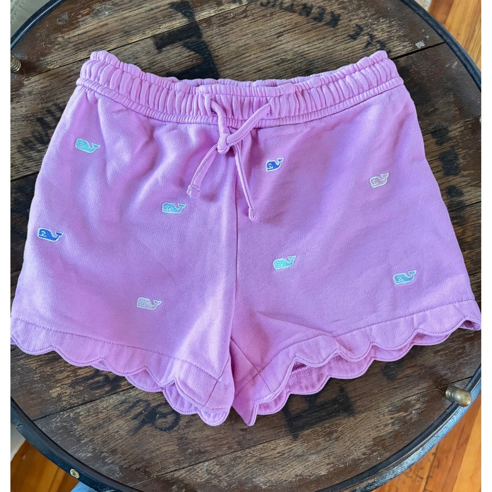 Vineyard Vines Girls Pink Embroidered Whale Scallop Hem Sweat Shorts Size S 7-8